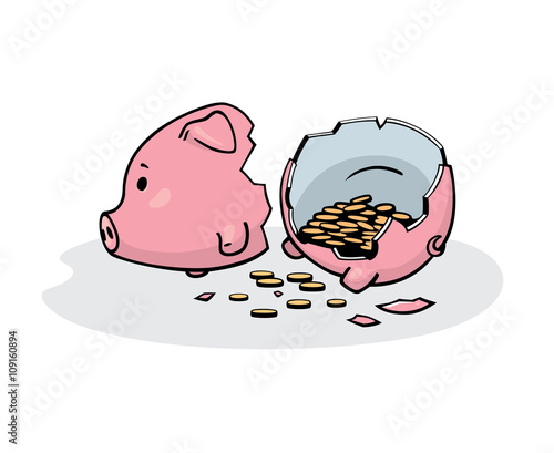 Vector illustration of a smashed pink ceramic piggy bank with coins inside. Freehand drawing converted to vector graphics. Isolated on white.