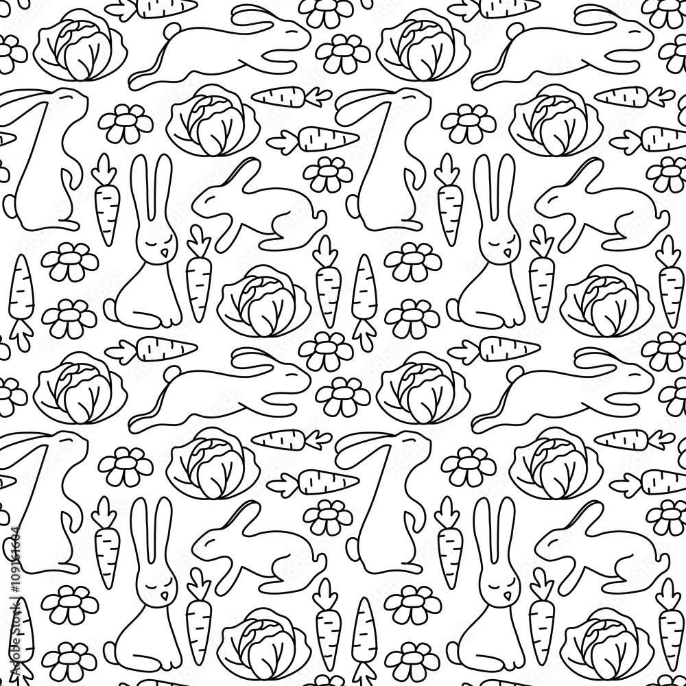 Seaemless pattern with rabbits. Pattern for coloring book. Hand-drawn decorative elements in vector.