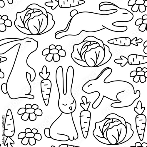 Seaemless pattern with rabbits. Pattern for coloring book. Hand-drawn decorative elements in vector.