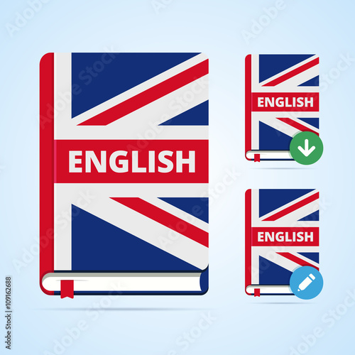 English book illustration with download and edit icons.