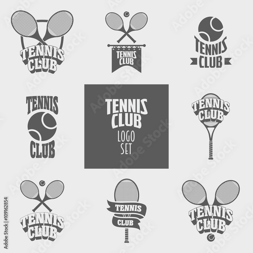 Set of tennis club logos, badges or labels design templates with tennis balls and rockets