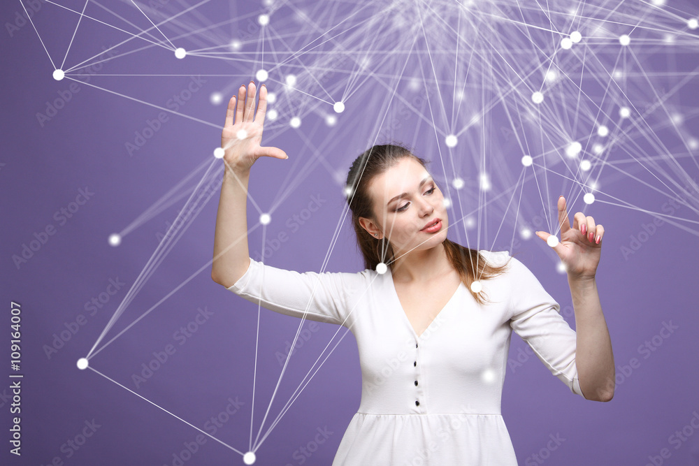 Global network concept, woman working with futuristic computer interface. Global network concept, woman working with futuristic computer interface.