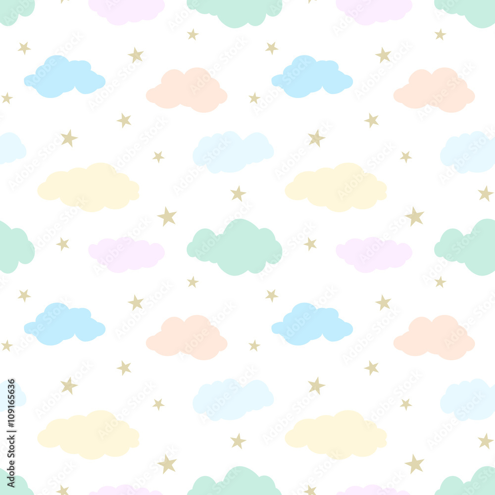 Seamless vector pattern with  cute clouds and stars