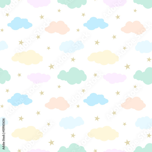 Seamless vector pattern with  cute clouds and stars