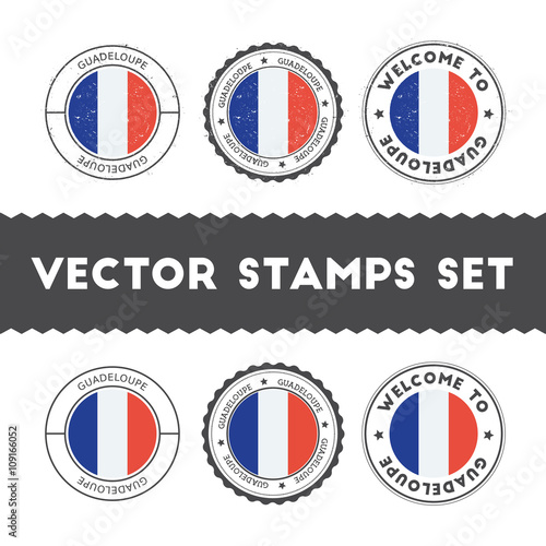 Guadeloupian flag rubber stamps set. National flags grunge stamps. Country round badges collection.