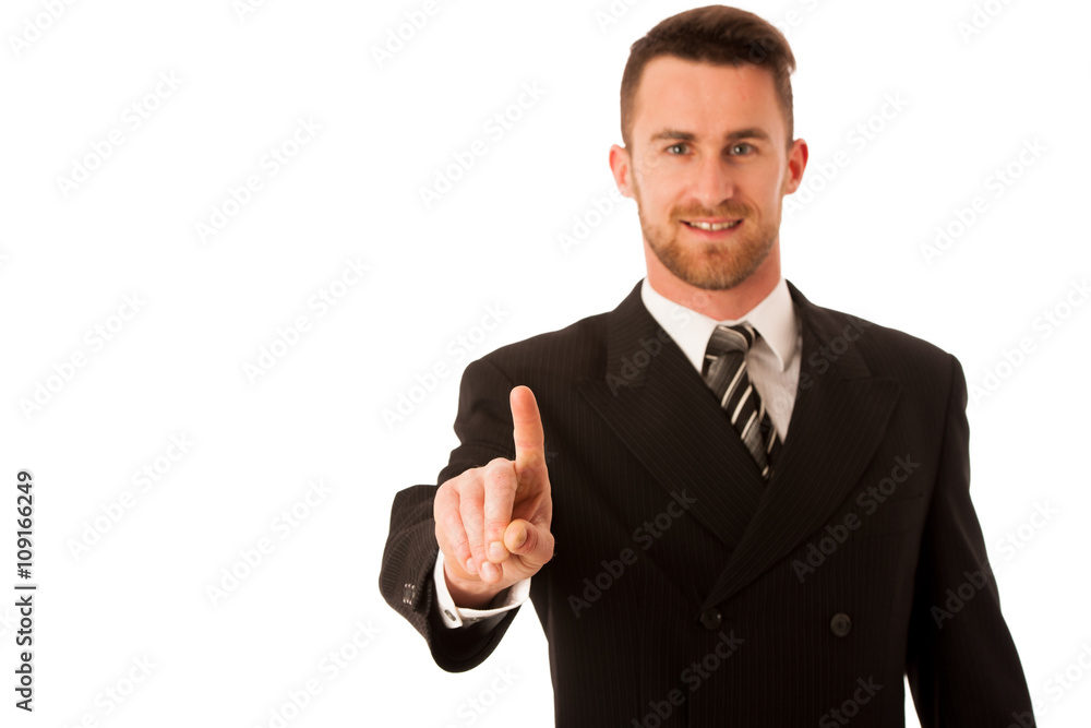 Happy young businessman in suit and tie presenting, promoting, a Happy young businessman in suit and tie presenting, promoting, a