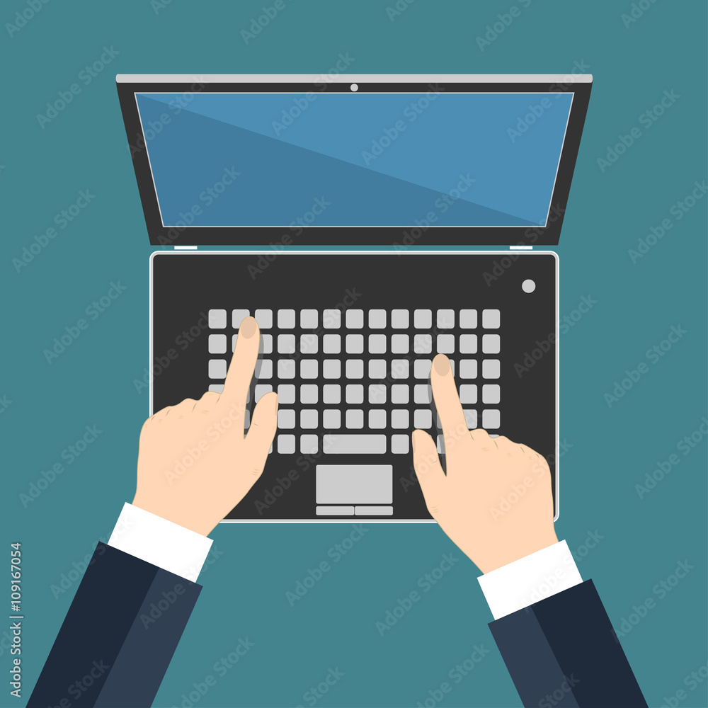 Hand on laptop keyboard with blank screen monitor Hand on laptop keyboard with blank screen monitor