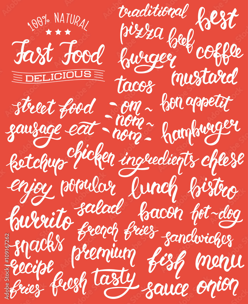 White hand lettering set of words for fast food with logotype. Vector White hand lettering set of words for fast food with logotype. Vector
