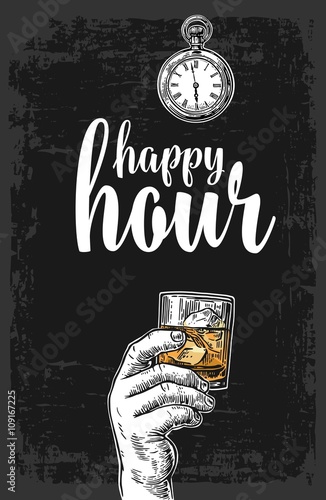 Male hand holding a glass with whiskey and ice cubes. Vintage vector engraving illustration for label, poster, menu. Dark background. Happy hour