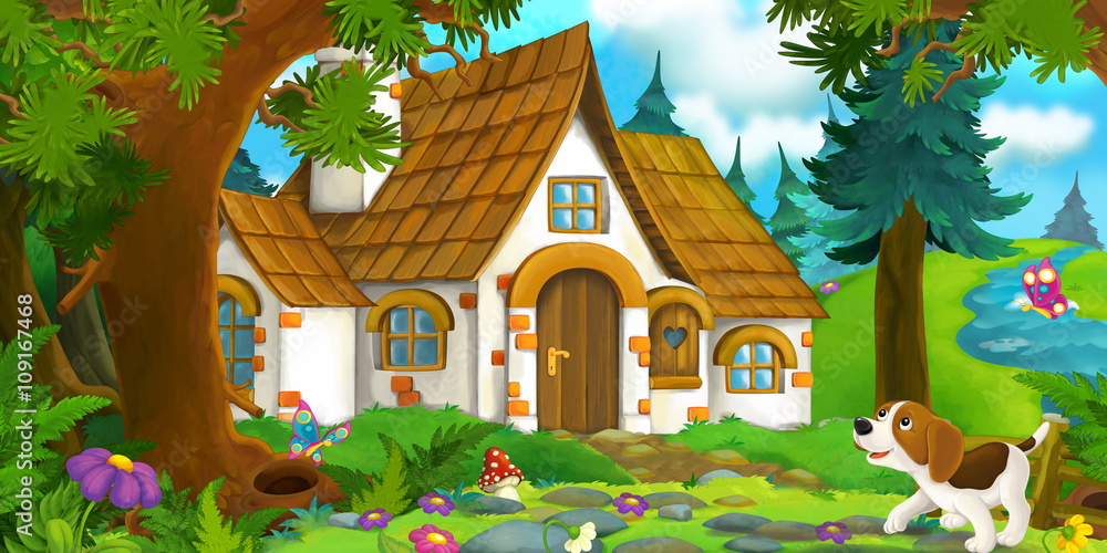 Cartoon background of an old house in the forest - illustration for the  children Stock Illustration | Adobe Stock