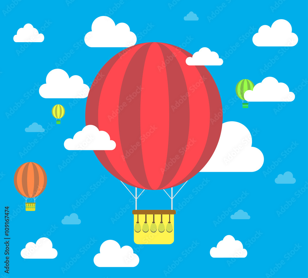 Clouds and striped hot air balloon on a blue background. Vector illustration