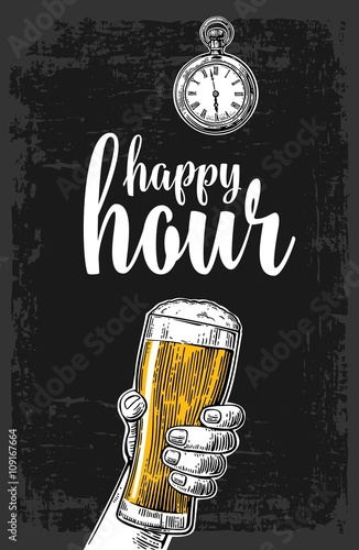 Male hand holding a beer glass. Vintage vector engraving illustration for label, poster, menu. Isolated on dark background. Happy hour