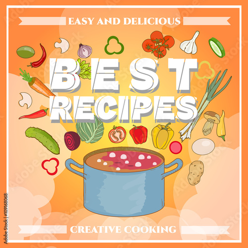 Cooking cook cookbook template fresh vegetables flying in a pan