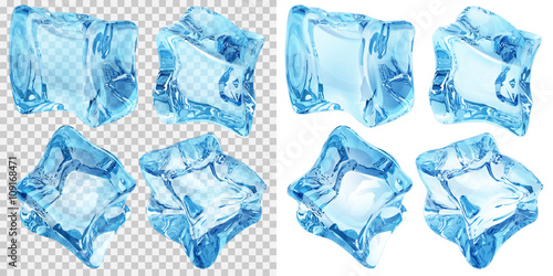 Set of four transparent and four opaque ice cubes in light blue colors. Transparency only in vector file