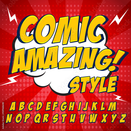 Comic retro yellow alphabet set. Letters, numbers and figures for kids' illustrations. photo