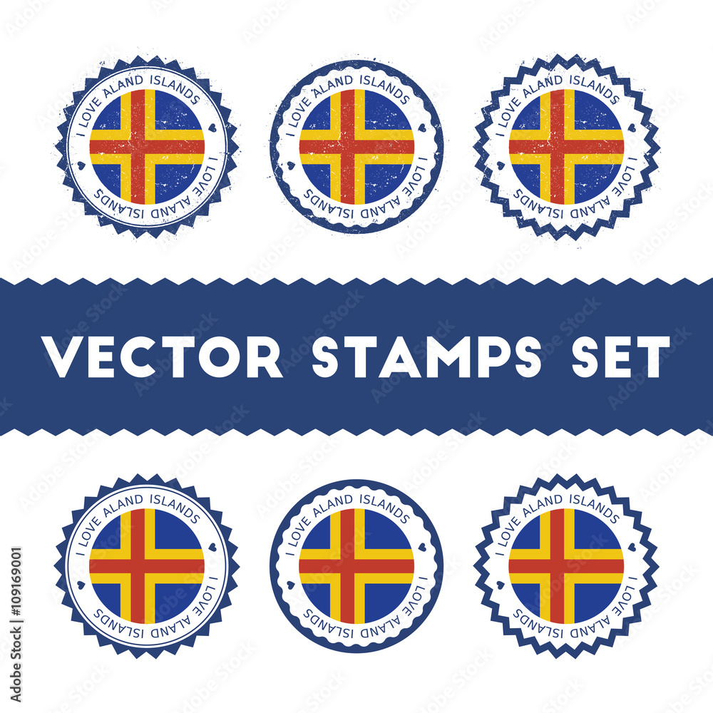 I Love Aland Islands vector stamps set. Retro patriotic country flag badges. National flags vintage round signs. I Love Aland Islands vector stamps set. Retro patriotic country flag badges. National flags vintage round signs.