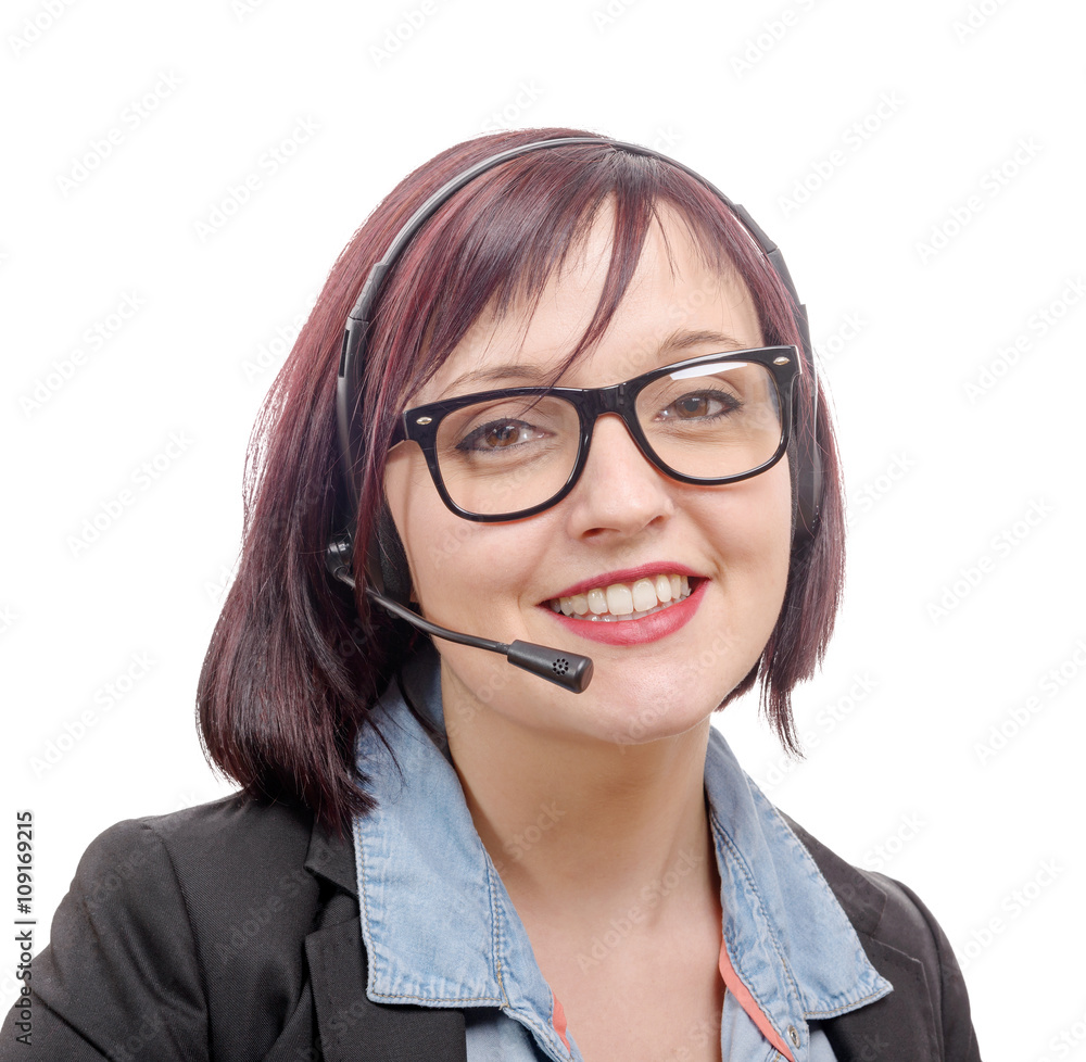 Close-up portrait of smiling young woman with headset Close-up portrait of smiling young woman with headset