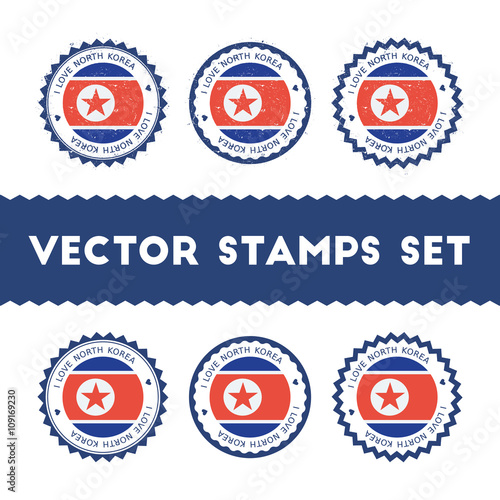 I Love Korea, Democratic People's Republic Of vector stamps set. Retro patriotic country flag badges. National flags vintage round signs.