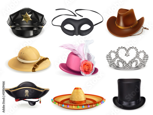 Hats set, collection of headgear, vector icons