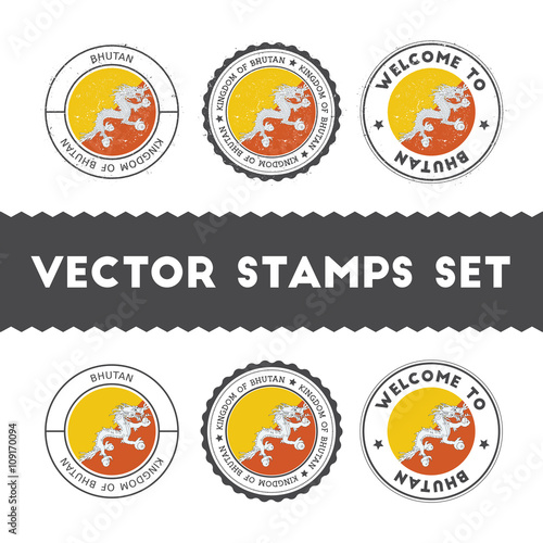 Bhutanese flag rubber stamps set. National flags grunge stamps. Country round badges collection.