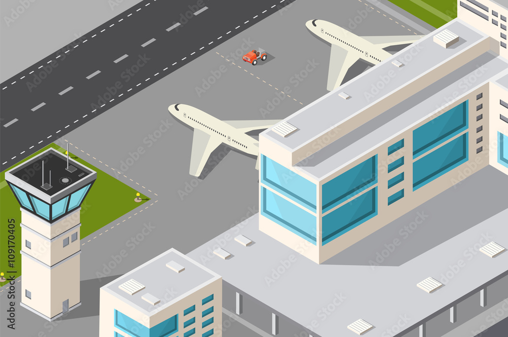 Isometric illustration city airport with aircraft control tower ...