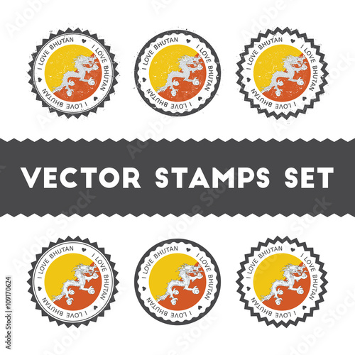 I Love Bhutan vector stamps set. Retro patriotic country flag badges. National flags vintage round signs.