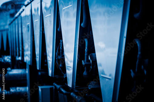 closeup view of air conditioner outside machine,blue toned image.