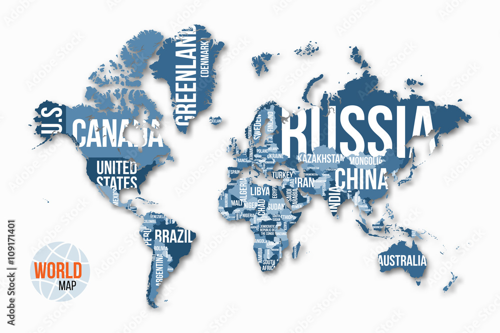 Vector detailed world map with borders and country names. Education, business and travel infographic concept.