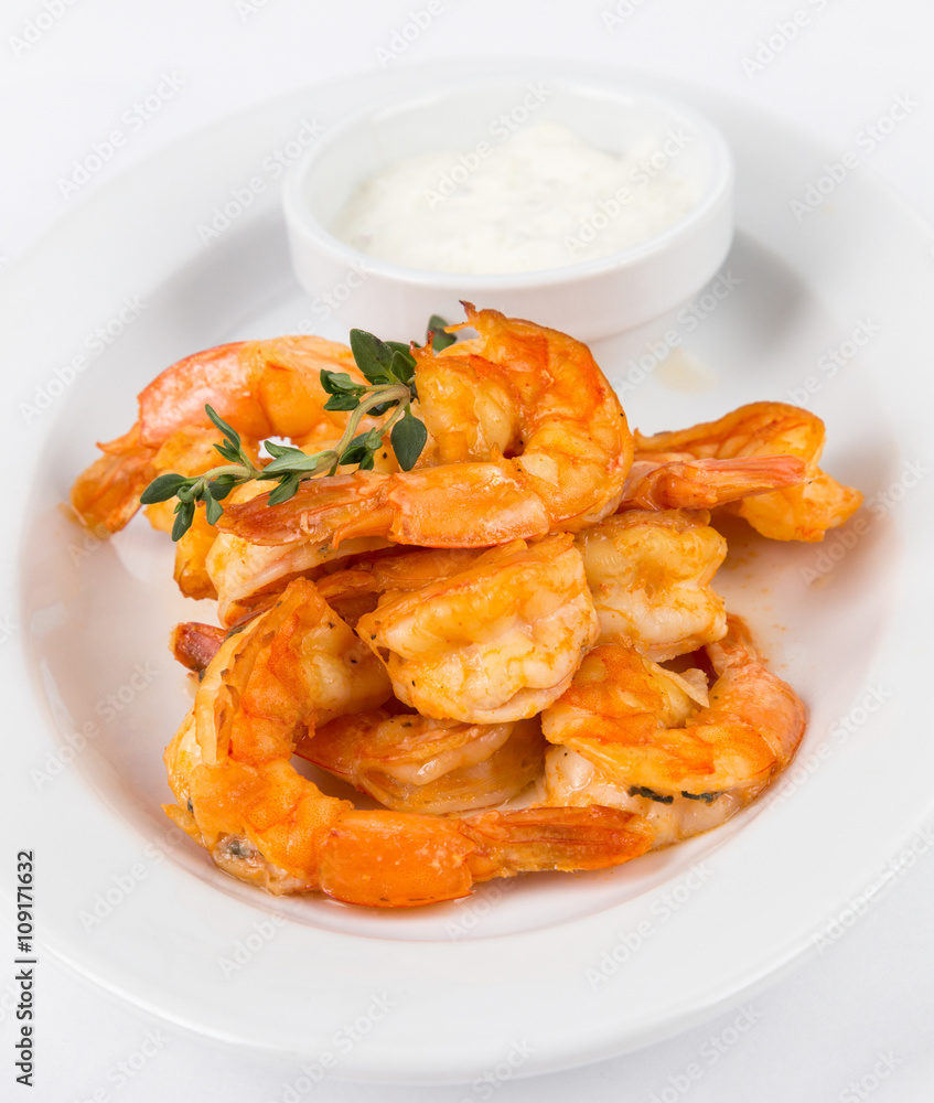portion hot shrimps on white plate portion hot shrimps on white plate