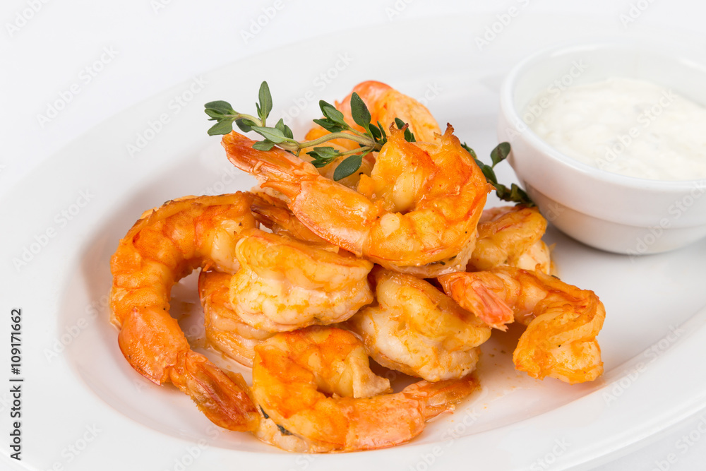 portion hot shrimps on white plate portion hot shrimps on white plate