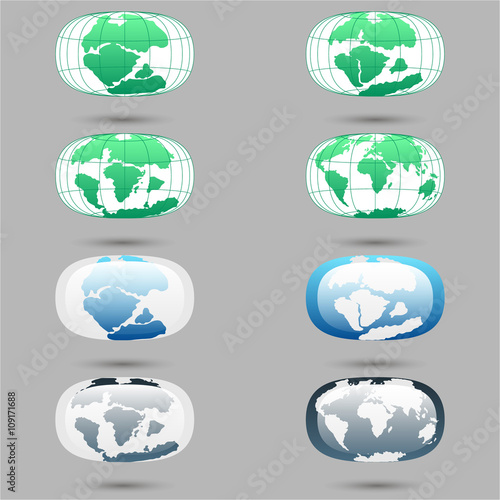 Continental drift on the planet Earth. Pangaea, Laurasia, Gondwana, modern continents From 250 MYA to Present / Set of icons / Earth / 