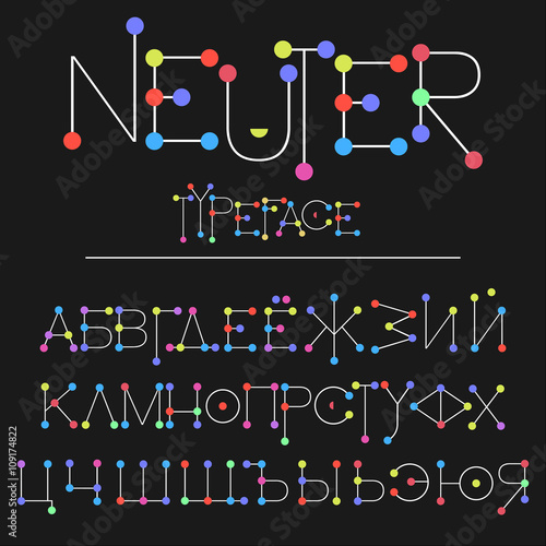 Modern font made with dots / Neuter typeface thin line style / flat font abc and numbers Russian alphabet