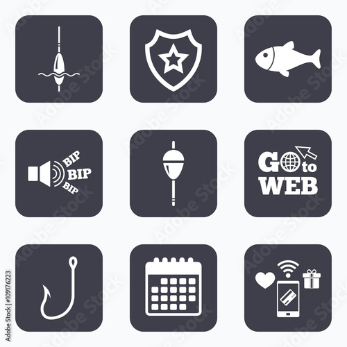 Fishing icons. Fish with fishermen hook symbol.