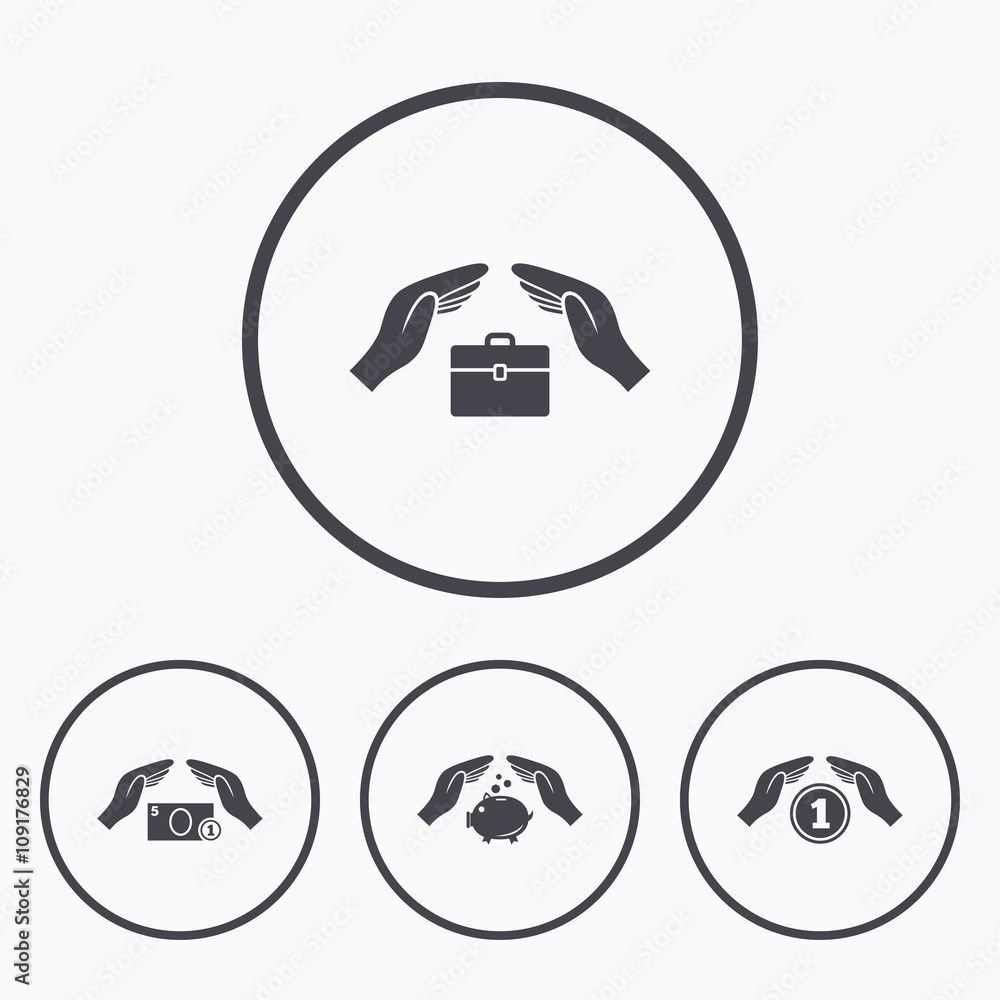 Hands insurance icons. Money savings signs. Hands insurance icons. Money savings signs.