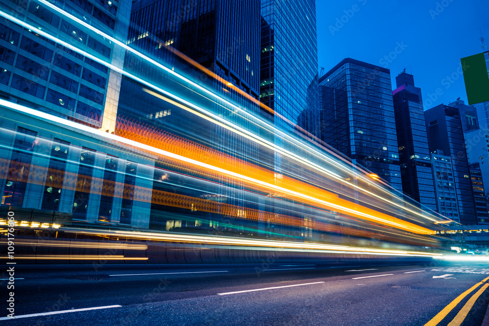 light trails in the downtown district,hongkong china.