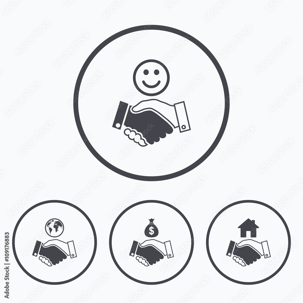 Handshake icons. World, Smile happy face. Handshake icons. World, Smile happy face.
