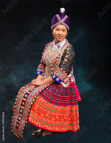 Portrait of Hmong Woman in Traditional Outfit 