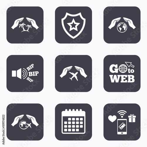 Hands insurance icons. Travel trip flights.
