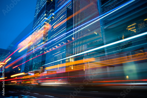 light trails in the downtown district,hongkong china.