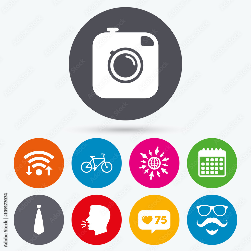 Hipster photo camera icon. Glasses symbol. Hipster photo camera icon. Glasses symbol.