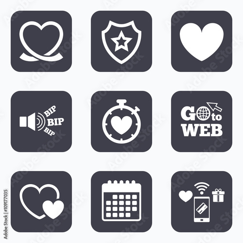 Heart ribbon icon. Timer stopwatch symbol.