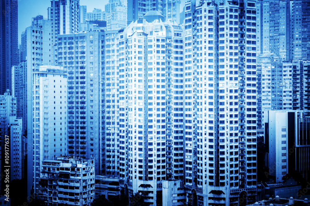 apartments in hongkong,china,blue toned image.