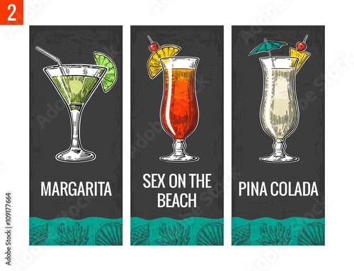 Alcohol cocktail set. Margarita, sex on the beach, pina colada. Vintage vector engraving illustration for web, poster, menu, invitation to summer beach party. Isolated on dark background