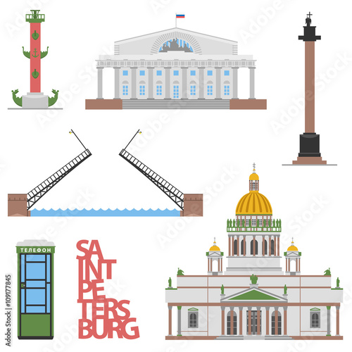 Saint-petersburg symbols, travel / column, Bridge, Rostral column, Telephone box, st. Isaak Cathedrale photo