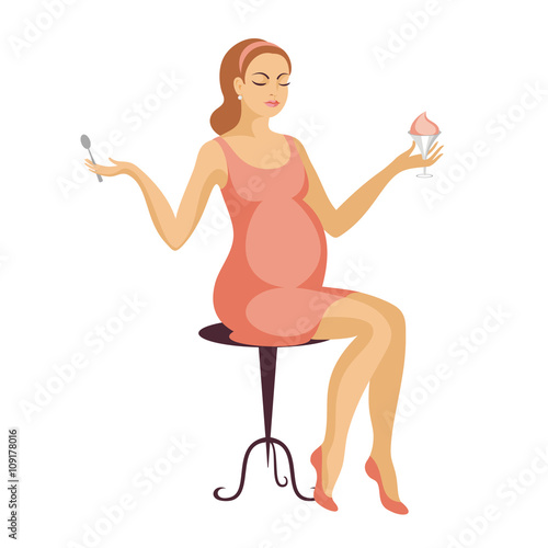 young, beautiful future mother in a pink dress sits on a stool andeats a  dessert