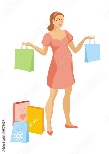 young beautiful pregnant woman in a pink dress holding colorful bags