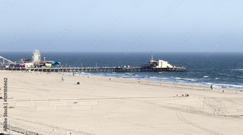 The Pacific ocean and a clear day, Santa Monica. Beach landscape in the USA with blue sea.