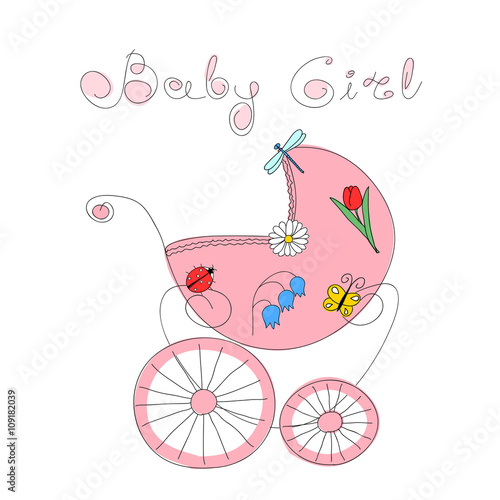 Baby girl arrival card with hand drawn retro styled baby carriage and handwritten words Baby Girl, vector illustration