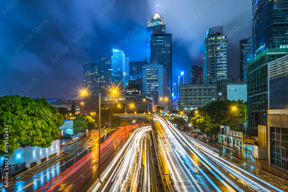 light trails in the downtown district,hongkong china. light trails in the downtown district,hongkong china.