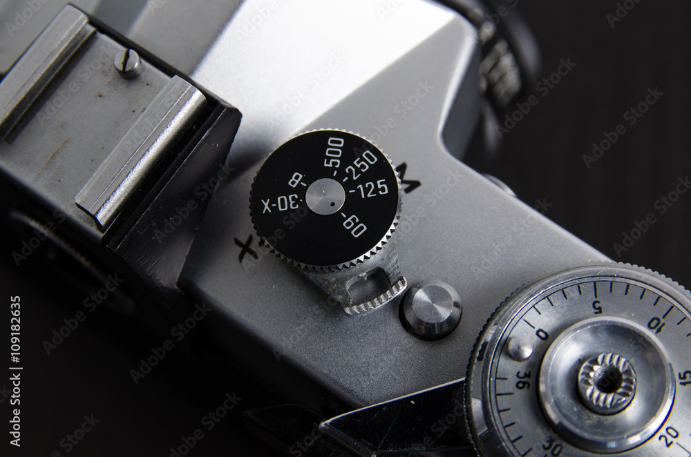 Vintage camera close up. Shutter speed dial